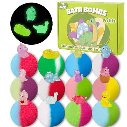 Bath Bombs for Kids, 12 Pcs Bath Bombs with Glow in The Dark Dinosura Surprise Inside, Handmade Organic Bubble Bath Ball Gift Set for Boys and Girls, Gift for Birthday Christmas Easter