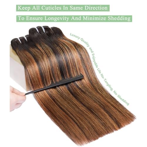 mlip Raw Bundles Human Hair Straight, No Tangle Shedding, Keep Texture Silky Soft After Multiple Washes, 15A Raw Indian Hair Bundles 16 Inches, Brown Highlight Bundles