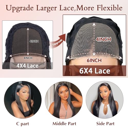 Glueless Wigs Human Hair Pre Plucked Pre Cut 6x4 Straight Lace Front Wigs Human Hair 24 Inch Hd Lace Front Closure Wigs for Women 180% Density Wear and Go Glueless Wig Ready to Wear Black