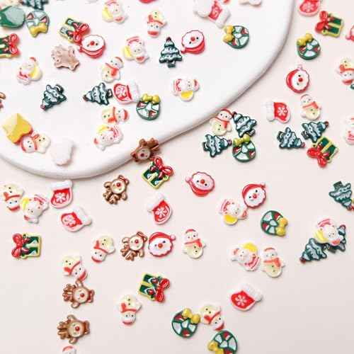 50Pcs Christmas Nail Art Charms - Cute Cartoon 3D Snowman, Elk, Holly Gift Design - Resin Flat Craft Winter Nail Supplies for Women Girls - New Year Decoration