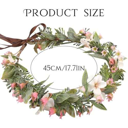 Pink Flower Crown Headband - Handmade Fairy Floral Headbands Green Leaf Flower Headpiece for Women Girls Bridal Renaissance Hair Accessories Birthday Vacation Festival Party Headwear
