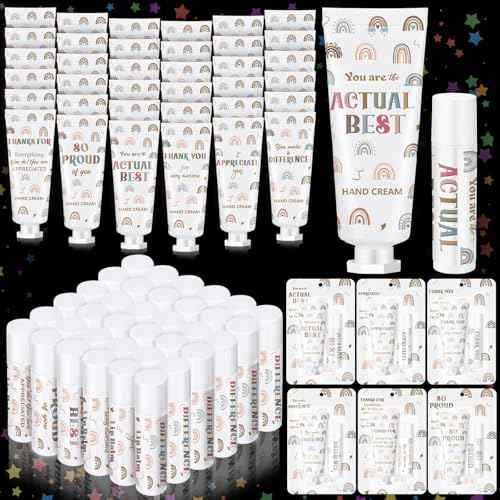 Loopeer 36 Set/ 72 Pcs Bulk Christmas Employee Appreciation Gift Lip Balm Hand Cream Thanksgiving Christmas Team Gifts Boho Rainbow Thank You Party Favors for Women Coworker Teacher Staff Volunteer