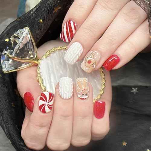 Christmas Press on Nails Short, Christmas Fake/False Nails with Embossed Gingerbread Man Press ons Designs Christmas Nails Press on Acrylic Artificial Nails Stick on Nails For Women 24Pcs