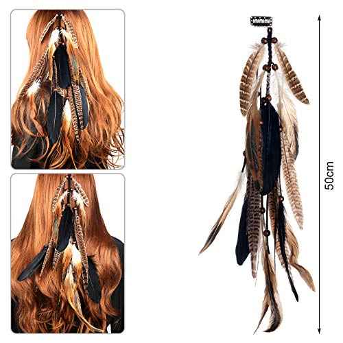 2Pcs Feather Hair Clip-in Extensions for Women Halloween Cosplay Costume Carnival Party Headdress, Handmade Bohemian Hippie Hair Clip Comb, Mixed Peacock Pheasant Tails Feather Clips Black Brown