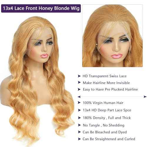 Ubetta Honey Blonde Wig Human Hair, Body Wave Honey Blonde Lace Front Wig Human Hair, 22 Inch Glueless 13x4 HD Lace Frontal Wigs Human Hair Pre Plucked 180% Density Lace Frontal Wigs for Black Women