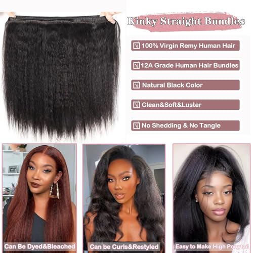 Kinky Straight Hair Bundles Yaki Straight 3 Bundles Human Hair 16 18 20 Inch 12A 100% Unprocessed Brazilian Kinkycurly Bundles Human Hair Weave Bundles Human Hair Extensions Natural Black
