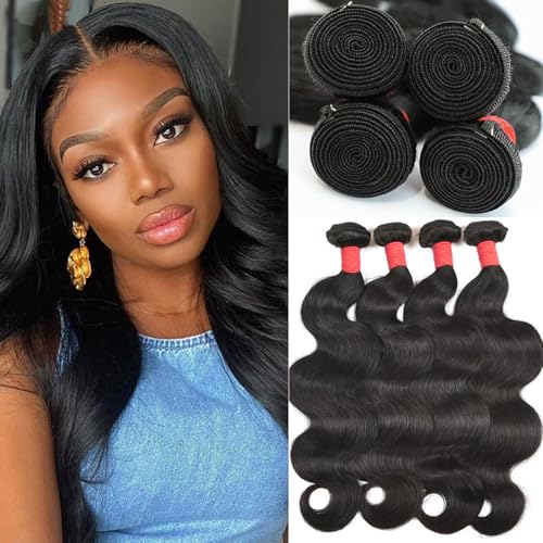 Body Wave Bundles Human Hair 14 16 18 20 Inch 4 Bundles Human Hair 12A Unprocessed Brazilian Virgin 100% Real Human Hair Bundles Double Weft Natural Black Color Hair Extensions