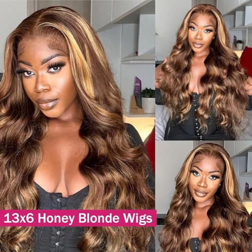 Ombre Honey Blonde Lace Front Wig Human Hair 13x6 Highlight Body Wave Lace Front Wig Glueless Pre Plucked With Baby Hair P4/27 HD Lace Frontal Wigs 200% Density Colored Wigs 22 Inch