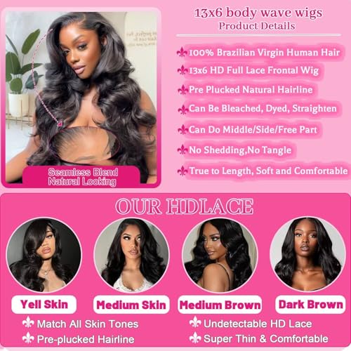 13x6 Lace Front Wigs Human Hair Pre Plucked, 180% Density Body Wave HD Transparent Lace Frontal Wigs with Baby Hair for Women, Glueless Wig, Natural Black, 22 Inch