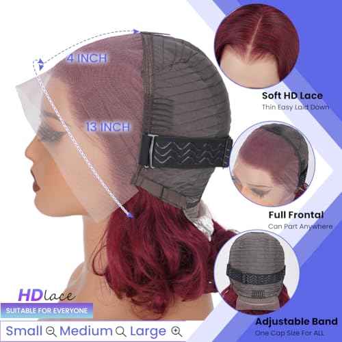 99J Burgundy Body Wave Bob Wig 13x4 HD Transparent Lace Front Wigs Human Hair Pre Plucked 180% Density Glueless Wigs Human Hair with Baby Hair for Women 14 Inch