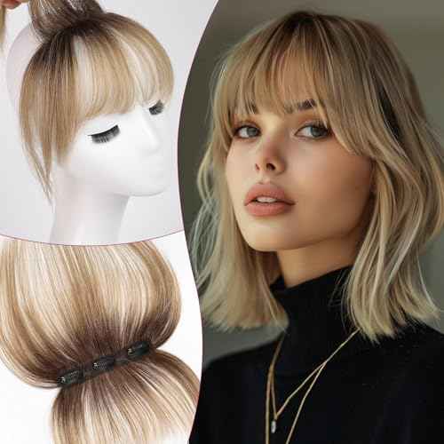 EMMOR Clip in Bangs, 100% Human Hair Bangs with 3 Non-slip Clips, 360¡ÆCover Top HairPieces with 5 inch Wispy Fringes for enhancing Women's Facial Features(Ombre Ash Blonde)