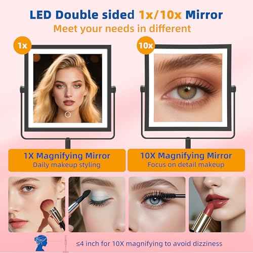 Ruacq Vanity Mirror with Lights, Height & Brightness Adjustable, Rechargeable 4000mAh Lighted Makeup Mirror with Magnification 1X/10X, 3 Color Lights & 360¡Æ Rotation (Matte Black-Table)