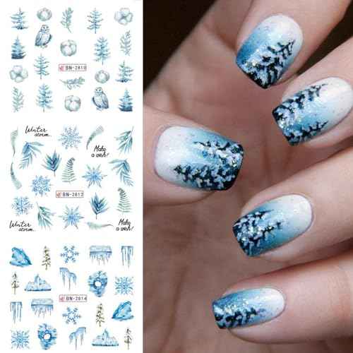 Christmas Water Transfer Nail Stickers - Blue Winter Snowflake Watermark Decals, Xmas Elk Bear Design for Holiday Nail Art Supplies and Accessories