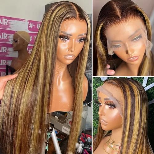 Flady Highlight Ombre Lace Front Wig Human Hair Pre Plucked Glueless HD Lace Frontal Wig 4/27 Straight Wigs Human Hair Ombre Brown Blonde Wig 150Density