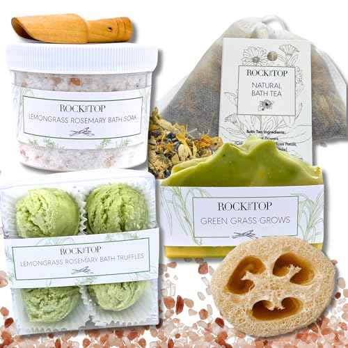 | 6 Lemongrass Rosemary Self Care Gifts for Women, Aromatherapy Epsom Salt Bath Soak, Lavender Soap, Bath Bombs, Bath Salts with Plant Based Loofa Dry Brushing Body Brush Gift