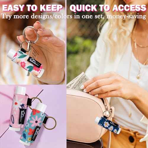 WK IEASON 8PCS Lip Balm Holder Keychain Bulk Holder made for Chapstick Holder Key chain Lip Gloss Sleeve Holder -Elastic Holder Sleeve for Fat and Slim Lip Balms&Gloss and Lip Sticker(8pcs Floral C)