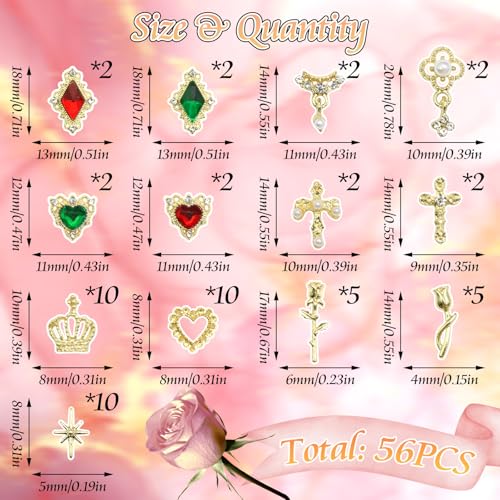 BELICEY 56Pcs 3D Gold Nail Charms Assorted Cross Star Heart Charms for Nails Alloy Rose Flower Crown Nail Decoration Luxury Nail Jewelry Green Red Gems Rhinestones for DIY Nail Art Design Crafts