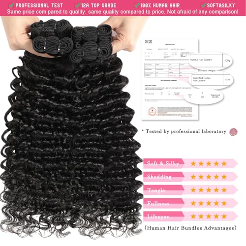 12A Deep Wave Bundles Human Hair 16 18 20 Inches 100% Unprocessed Indian Human Hair Bundles Wet and Wavy Raw Virgin Hair Curly Weave 3 Bundle Deal (Natural Color, 16 18 20 Inches)
