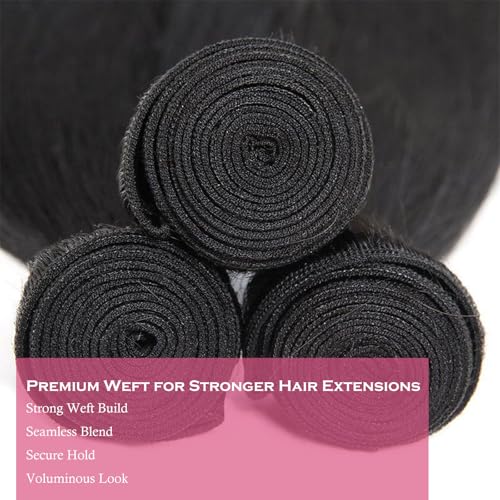 12A Straight Human Hair Bundles 3 Pcs 16 Inch 100% Real Human Hair Extension Unprocessed Brazilian Virgin Human Hair Quick Weave Straight Bundles Human Hair Natural Color for Black Women
