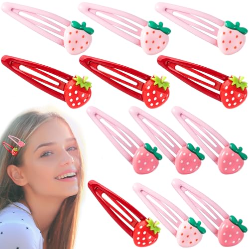 PAGOW 12 Pcs Strawberry Hair Clips, Y2K Cute Hair Barrettes, Fruit Cutecore Hair Accessories, Decorative Metal Snap Hair Clips for Women (Red, Light Pink, Dark Pink)