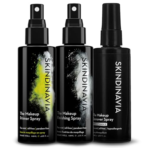 Skindinavia Makeup Primer + Finishing + Makeup Remover Spray, Hydrating Spray, Pore Minimizing Primer Mist, Long Lasting, Waterproof Mist, Hypoallergenic Cleansing Mist, (3 x 4 Fl. Oz.)