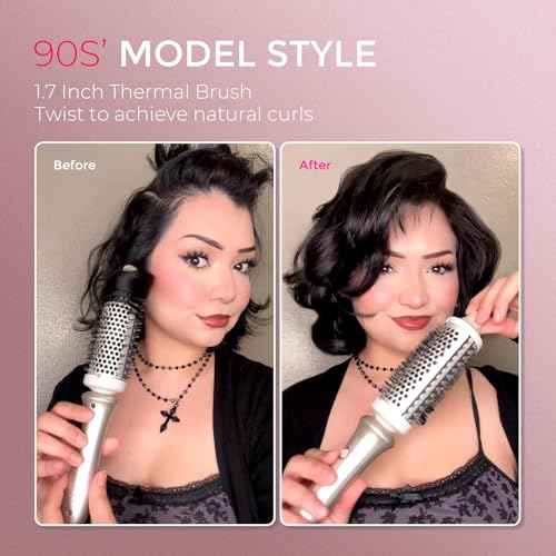 TYMO 2.0 Thermal Brush Curling Brush - STYLUX 1.7" Blowout Volumizer with Flexi-Fit for Hair Straightening, Heated Round Styler Tool, Hair Straightener and Curler 2 in 1, Dual Voltage & Light, Gold