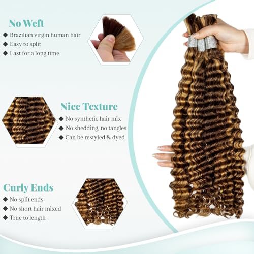 30 Inch Highlight Honey Blonde Human Braiding Hair for Boho Braids Deep Curly Bulk Human Hair for Braiding No Weft 2 Bundles 100G Water Wave Wet And Wavy Micro Braiding Extensions