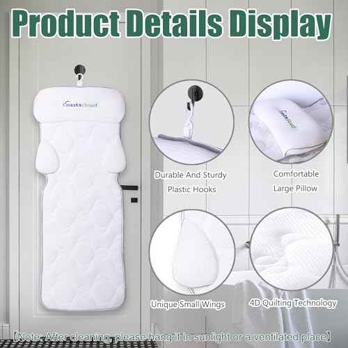Coastacloud Full Body Bath Pillow for Bathtub, Luxury Bathtub Pillow with Suction Cups, 4D Breathable Mesh Spa Cushion for Headrest, Neck and Back Support, Quick Drying Polyester, White, 49" x 16"