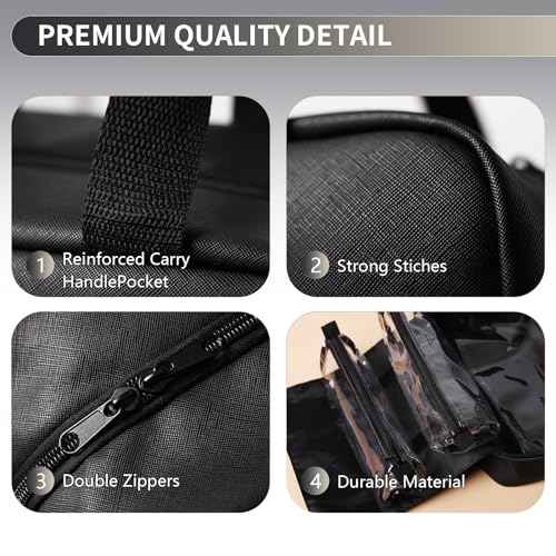 Solenna Black Travel Toiletry Bag for Women Men, Large Waterproof Leather Makeup Cosmetic Bag with 2 Removable Clear Bags, Portable Hanging Make Up Bag Bathroom Shower Toiletries Travel Organizer