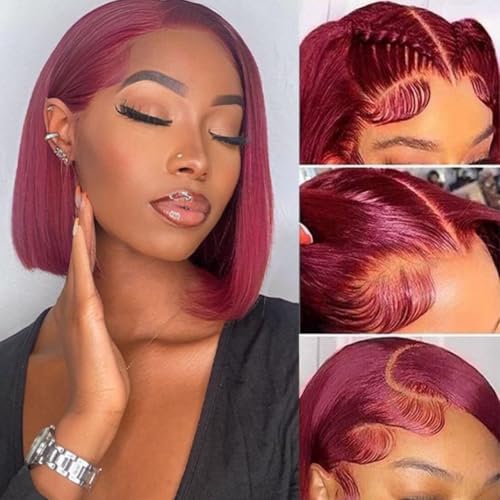 99j Bob Wig Human Hair 14 inch Lace Front Wigs Human Hair 180 Density 13x4 HD Straight Red Bob Wig Human Hair Pre Plucked with Baby Hair Glueless Burgundy Lace Frontal Wigs for Women