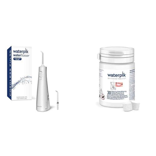 Waterpik Cordless Pulse Rechargeable Portable Water Flosser for Teeth, Gums & Fresh Mint Whitening Refill Tablets (30 Count) – for Use with Waterpik Boost Tip
