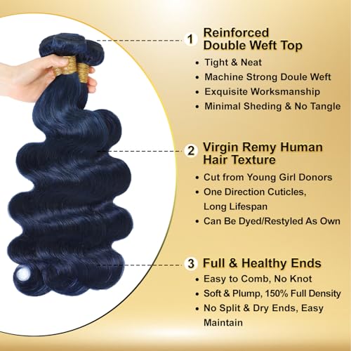 Dark Blue Body Wave Human Hair Bundles, Quick Weave Sew In Wavy 12A 100% Brazilian Virgin Hair, Soft Glossy Thick, Perfect for Quick Weave Sew-In Styles Single Bundles 22 Inch