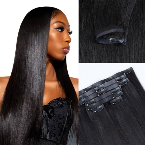 Yaki Straight Seamless Clip in Hair Extensions Remy Human Hair Extensions 1Pack 100g 7pcs Yaki Straight Clip Ins Hair Extensions Clip In Human Hair 18Inch Natural Black