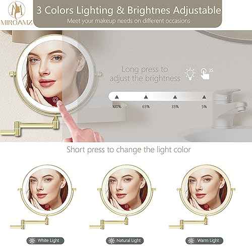 Rechargeable Wall Mounted Lighted Makeup Vanity Mirror 9 Inch Double Sided 1X 10X Magnifying Bathroom Mirror, 3 Color Lighting, Touch Screen Dimming, 360 Rotation Shaving Mirror Gold