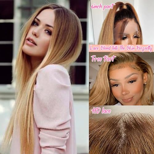 13x6 Ombre Blonde Lace Front Wigs Human Hair,HD Transparent Brown to Ash Blonde Straight Lace Frotal Human Hair Wig with Brown Roots Pre Plucked Bleached Knots Brazilian Virgin Human Hair Wig