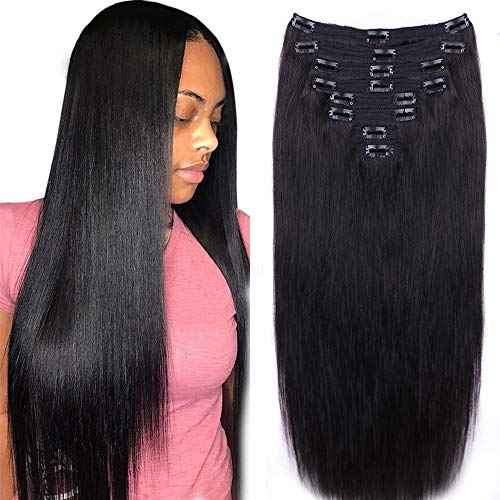 Straight Human Hair Clip in Hair Extensions for Women 100% Unprocessed Full Head Brazilian Virgin Hair Natural Black Color,8/Pcs with 18Clips,120 Gram (16inch, Straight hair)