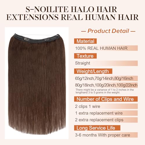Halo Hair Extensions,S-noilite Halo Hair Extensions Real Human Hair,100% Thick Human Hair Halo Extensions for Women,14 Inch(70g) Dark Brown