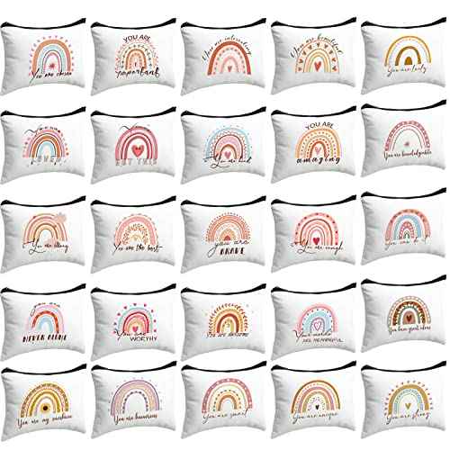 Mumufy 50 Pcs Rainbow Cosmetic Bags for Women Bulk Inspirational Makeup Bags Gift with Zipper Motivational Quotes Travel Canvas Waterproof Pouch for Women Teacher Christmas Party Supplies
