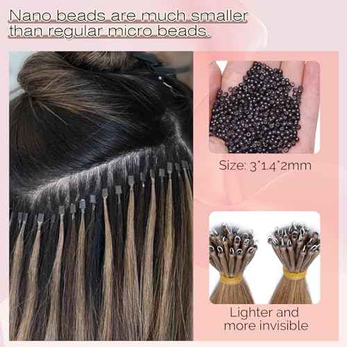 SEGO Nano Bead Hair Extensions Human Hair, 1g/Stand, 50g/pack, Add Volume, Length, and Highlights, Nano Nano Ring Tip Hair Extensions for Women, 16 Inch, Light Brown