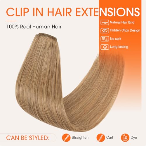 TESS Seamless Clip in Hair Extensions Human Hair Remy Clip ins Natural Soft Straight 8pcs 18Clips, 18 Inch, Light Brown