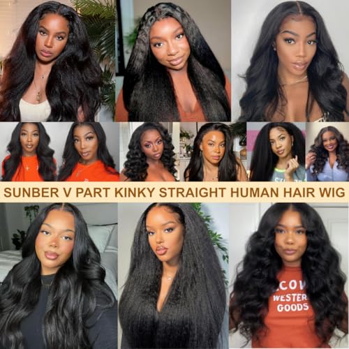 Sunber V Part Wig Human Hair Glueless Wig Kinky Straight Upgrade No Leave Out Vpart Kinky Straight Wigs 150% Density Glueless Clip in Half Wigs No Glue No Sew in Beginner Friendly 16Inch