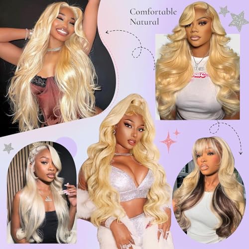 613 13x6 Lace Front Wig Human Hair 22-Inch Blonde Wig Body Wave for Black Women 200% Density Pre Plucked Glueless HD Lace Frontal Wig