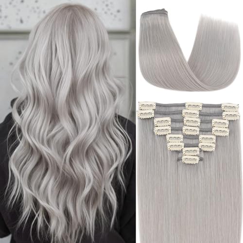 Clip in Hair Extensions Human Hair S-noilite Gray Human Hair Short Hair Clip in Extensions Full Head 8 Pieces/18 Clips 100% Real Human Hair Silky Straight 16"-90g Light Gray (#G1)