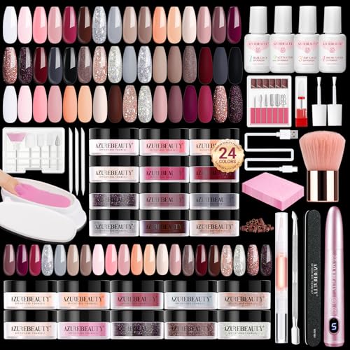 AZUREBEAUTY Dip Powder Nail Kit with Electric Nail Drill 24 Colors White Nude Glitter Nail Powder Starter Kit with Dip Liquids Base Top Coat Activator Portable Manicure French Nail Art Essential Set