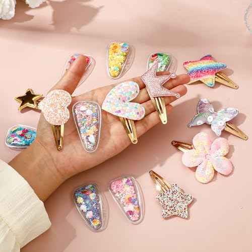CWJCYTNSN 30 PCS Glitter Hair Clips for Girls Kids Snap Hair Clips Barrettes Sparkly Cute Hair Accessories for Little Girls Flower Butterfly Crown Hair Clip for Birthday Party Gifts