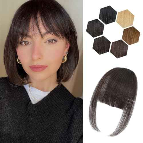 Clip in Bangs for Women - 100% Real Human Hair Wispy Bangs Hair Clip with Temples Hairpieces Fake Bangs for Daily Wear (Dark Brown, Wispy Bangs)