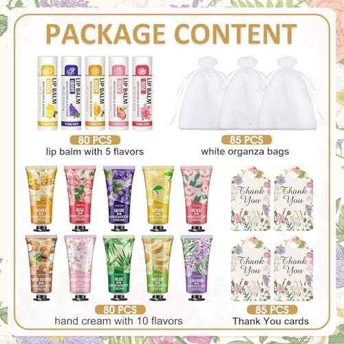 80 Sets Hand Cream Bulk and Lip Balm Bulk Gifts, Stocking Stuffers for Women Teengirls, Christmas Gifts,Bridesmaid Gifts for Guests with Thank You Card Organza Bags,Thank You Gifts, Small Gifts
