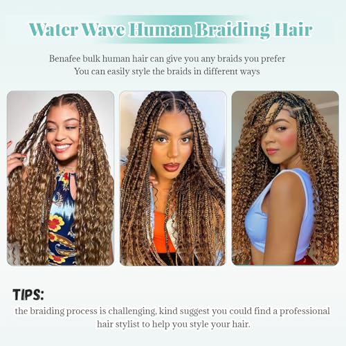 30 Inch Highlight Honey Blonde Human Braiding Hair for Boho Braids Deep Curly Bulk Human Hair for Braiding No Weft 2 Bundles 100G Water Wave Wet And Wavy Micro Braiding Extensions