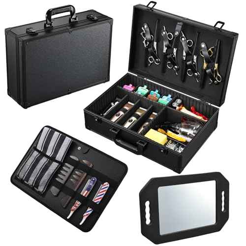 Barber Accessory Case with Mirror, Profesional Barbers Briefcase Tool Case, Barber Cases for Clippers and Supplies, Hair Scissors Trimmer Organizer, Salon Grooming Hard Travel Suitcase