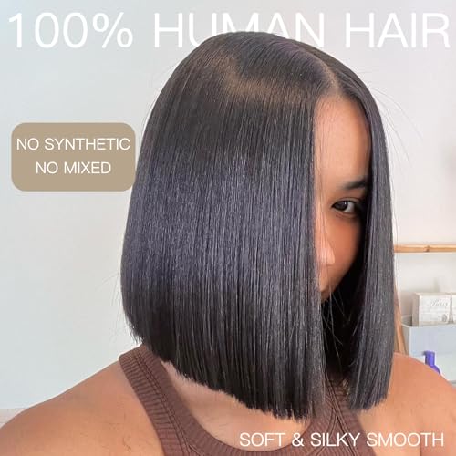 WEQUEEN Wear and Go Glueless Bob Wig Human Hair Pre Plucked Pre Cut 4x4 Skin-like Lace 250% Density Straight Short Bob Wig for Black Women 12 Inch